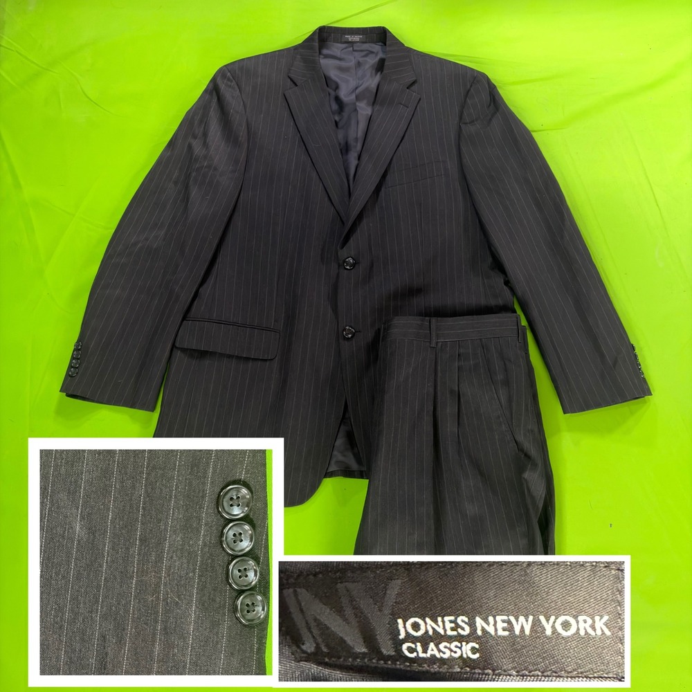 Jones New York Classic Mens 42L/36W Black Pinstripe 2PC Suit Jacket Pants Office